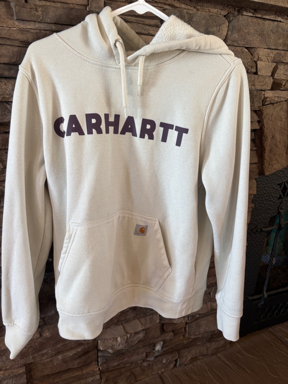 Carhartt Cream Crewneck Hoodie with Dark Purple Logo